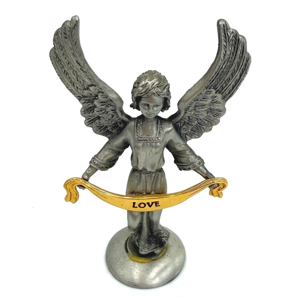 Vintage Pewter Angel Figurine Silver Gold Love Banner Cherub Statue